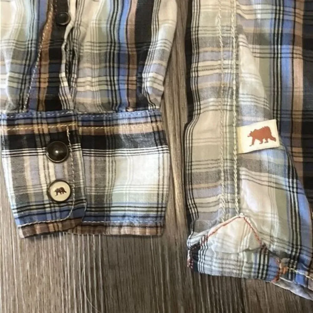 Dakota Grizzly Shirt Mens M Blue Tan‎ Plaid Pearl Snap Pockets Western